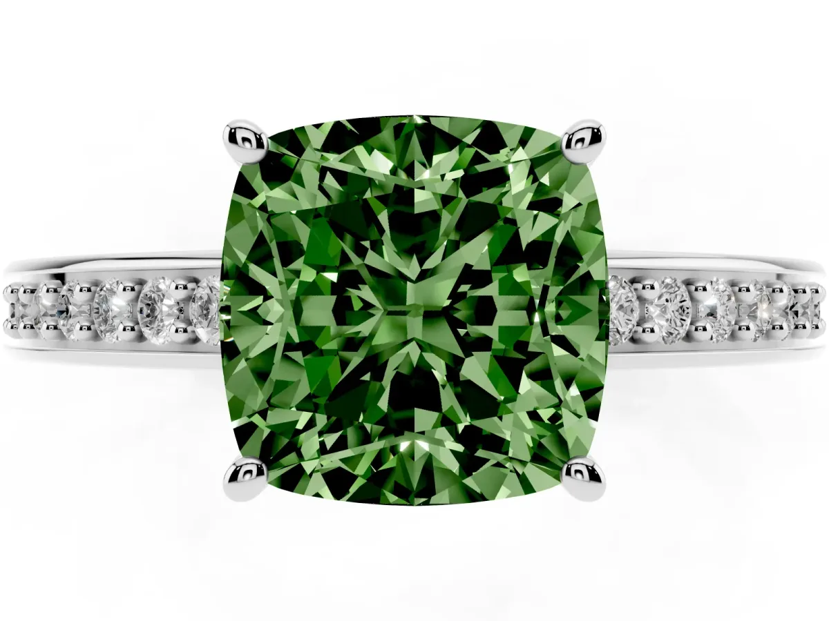 Fancy Green Cushion Cut Solitaire Pavé Band Prong Setting Ring Silver