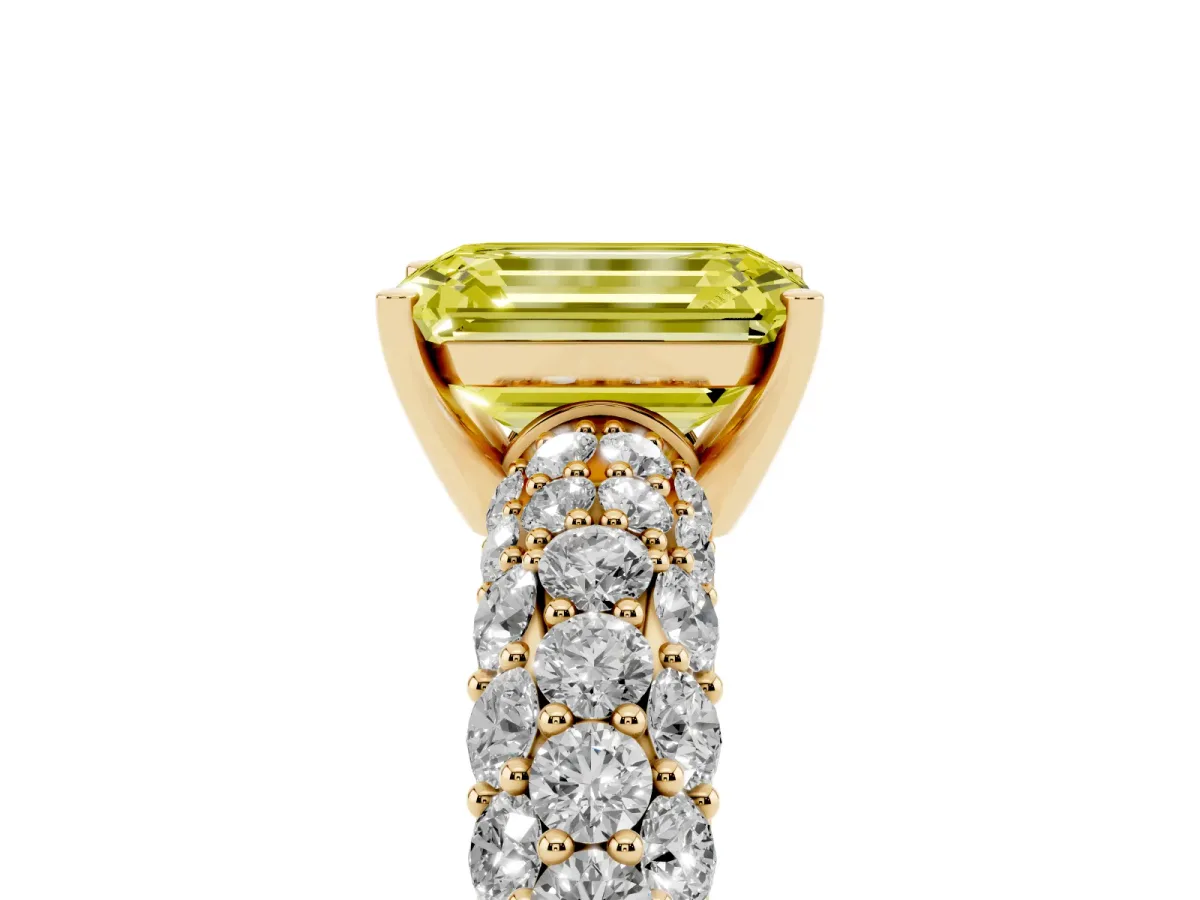 Fancy Yellow Emerald Cut Diamond Pavé Band Solitaire Ring with Four-Prong Setting Yellow gold