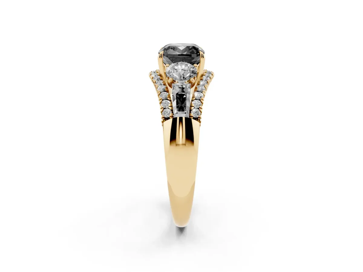 Fancy Black Three-Stone Cushion Cut Diamond Engagement Ring with Pave Band and Prong Setting Yellow gold