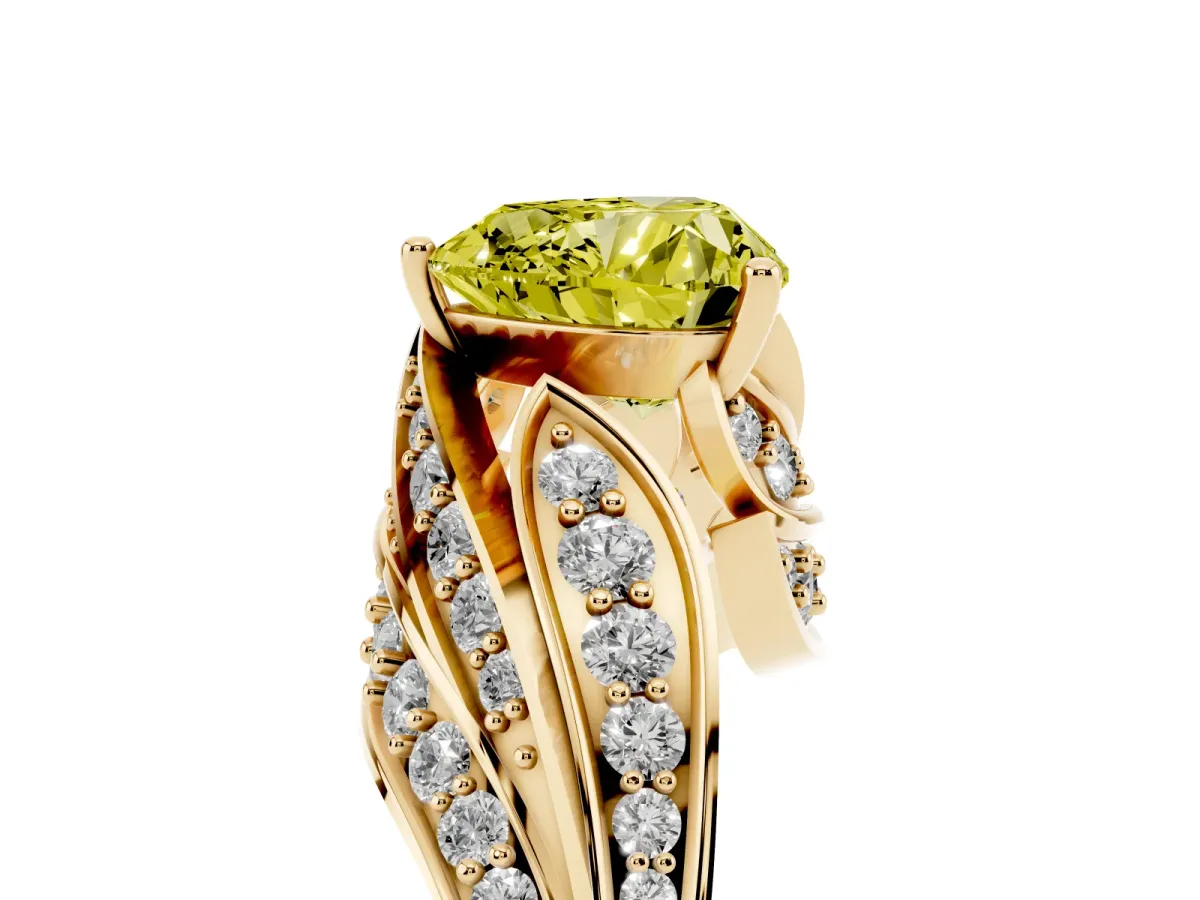 Fancy Yellow Heart Cut Diamond Solitaire Ring with Prong Setting and Twisted Pavé Band Yellow gold