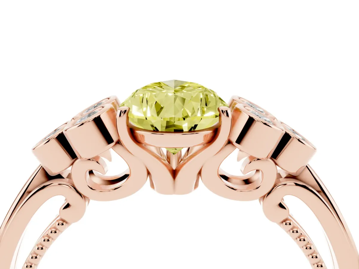 Fancy Yellow Pear Cut Cut Diamond Engagement Ring with Bezel Set Round Side Stones and Prong Setting Rose gold