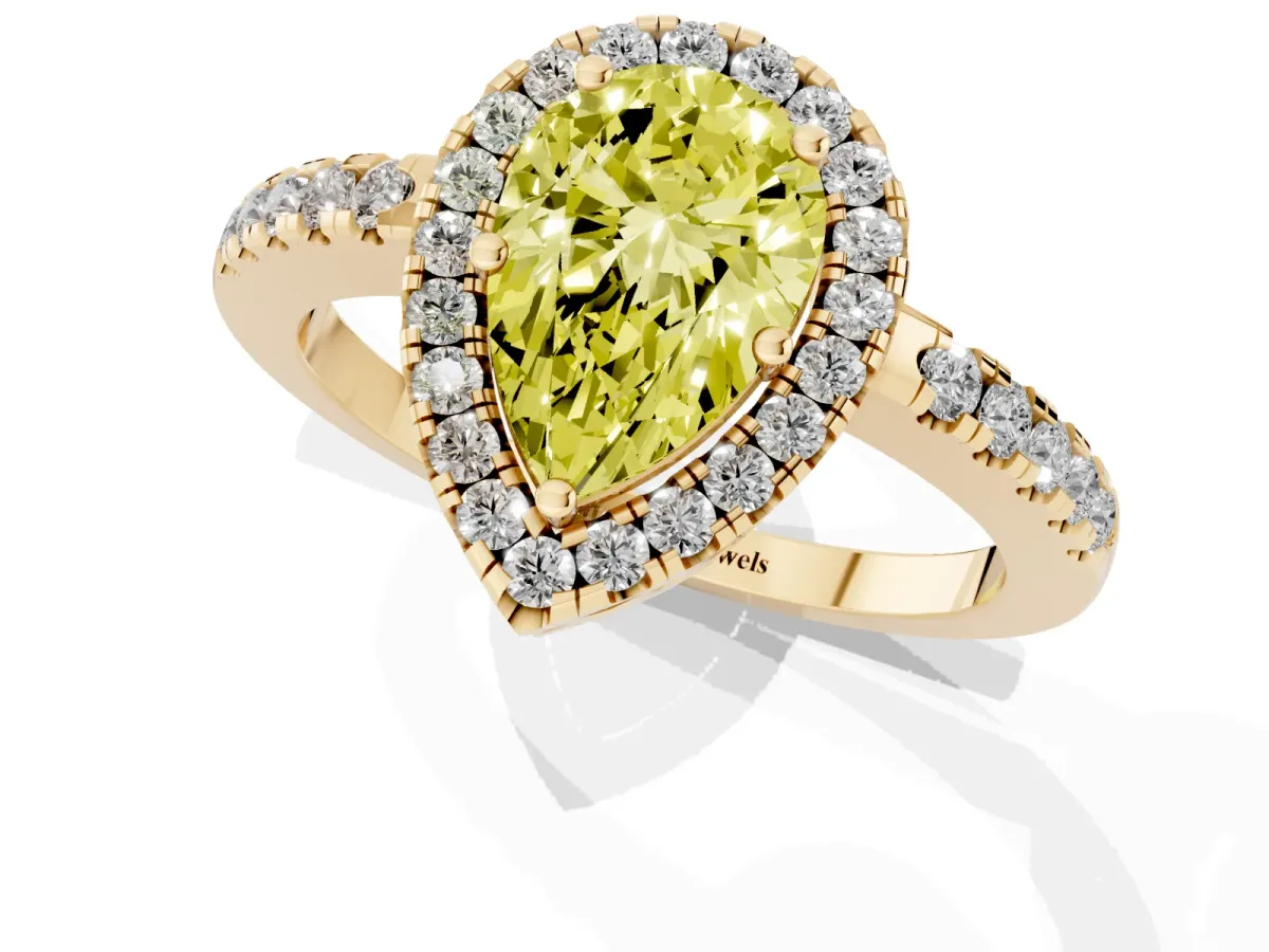 Fancy Yellow Pear Cut Halo Diamond Engagement Ring with Pavé Band and Four-Prong Setting Yellow gold
