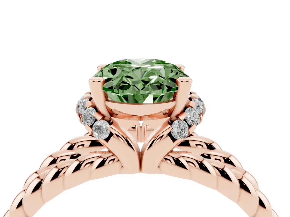 Fancy Green Oval Cut Halo Twisted Band Four-Prong Ring Rose gold