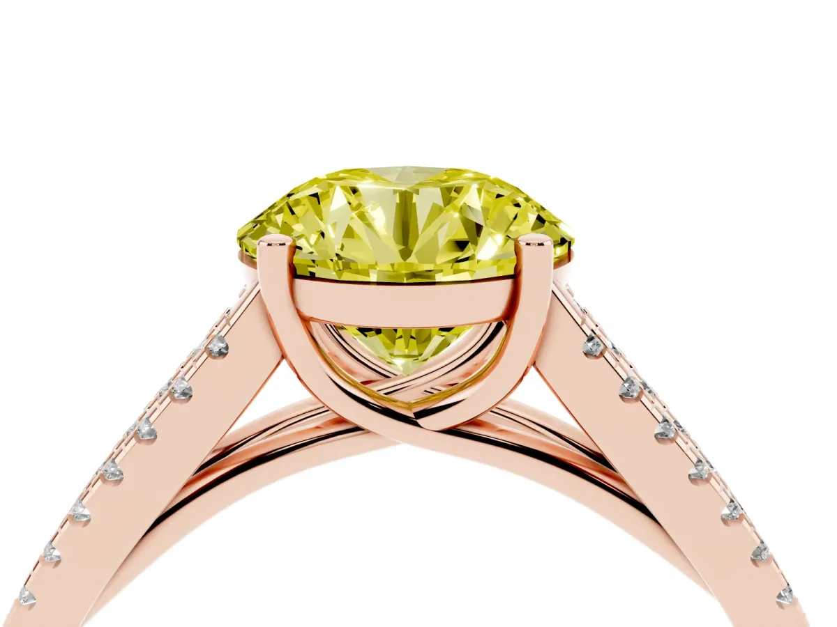 Fancy Yellow Round Cut Diamond Solitaire Engagement Ring with Split Shank Pavé Band Rose gold