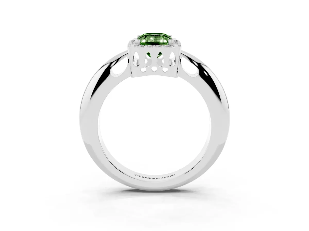 Fancy Green Emerald Cut Cut Diamond Halo Engagement Ring with Split Shank and Four-Prong Setting Silver
