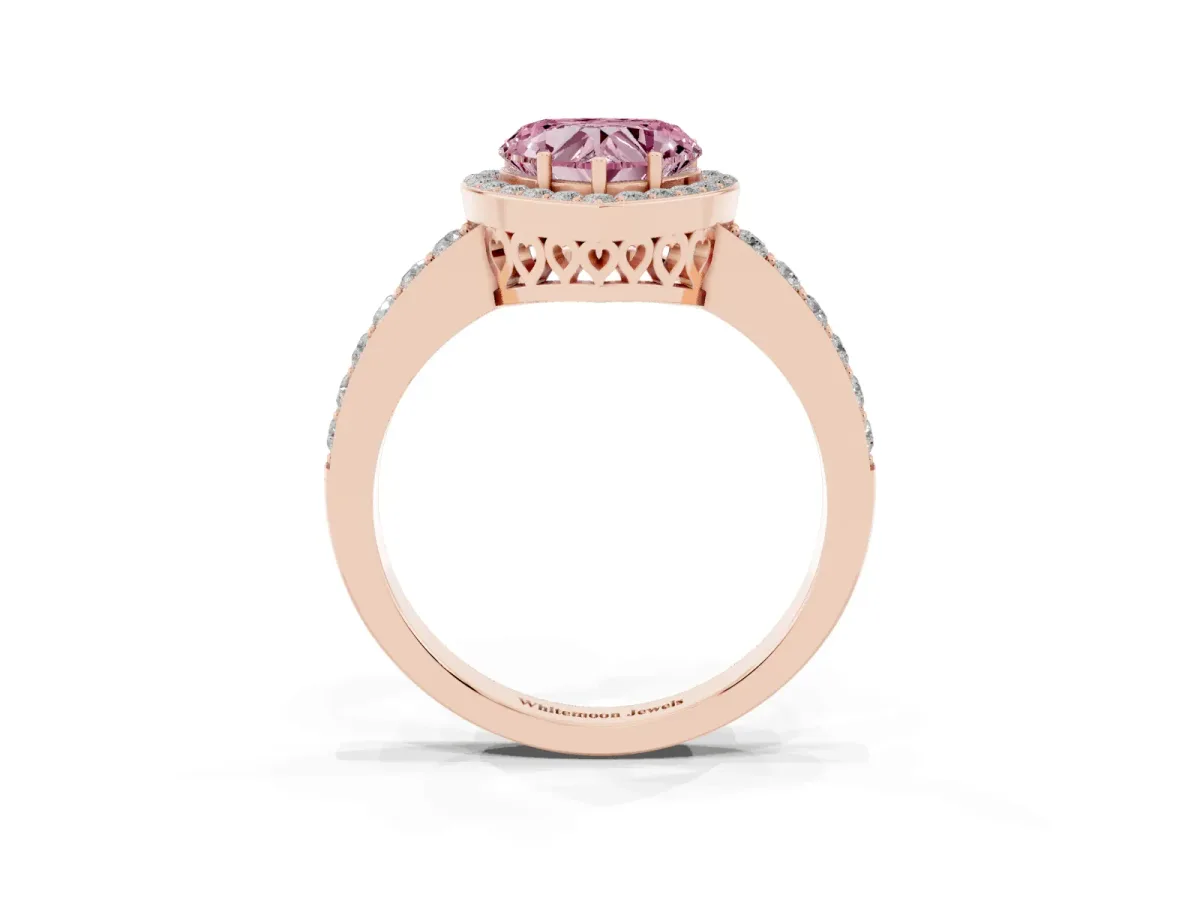 Fancy Pink Heart Cut Halo Diamond Pavé Band Ring with Prong Setting Rose gold