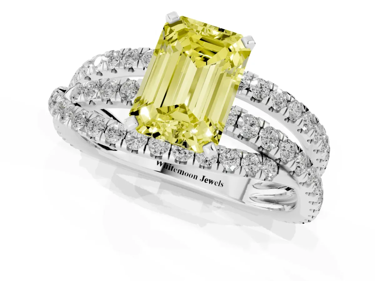 Fancy Yellow Emerald Cut Solitaire Twist Band with Pavé Setting and Four-Prong Setting Silver