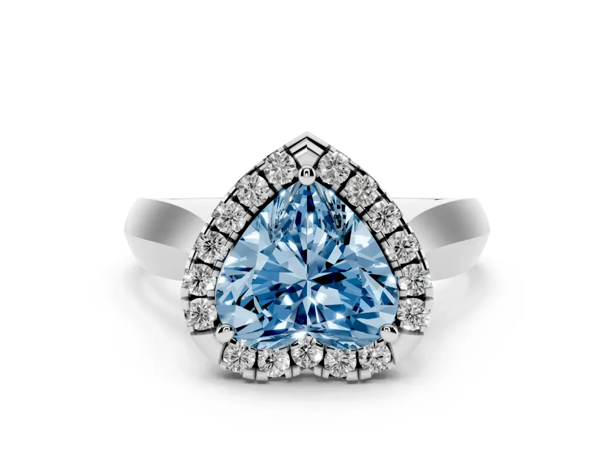 Fancy Blue Heart Cut Cut Halo Solitaire Engagement Ring with Square Band and Four-Prong Setting Silver