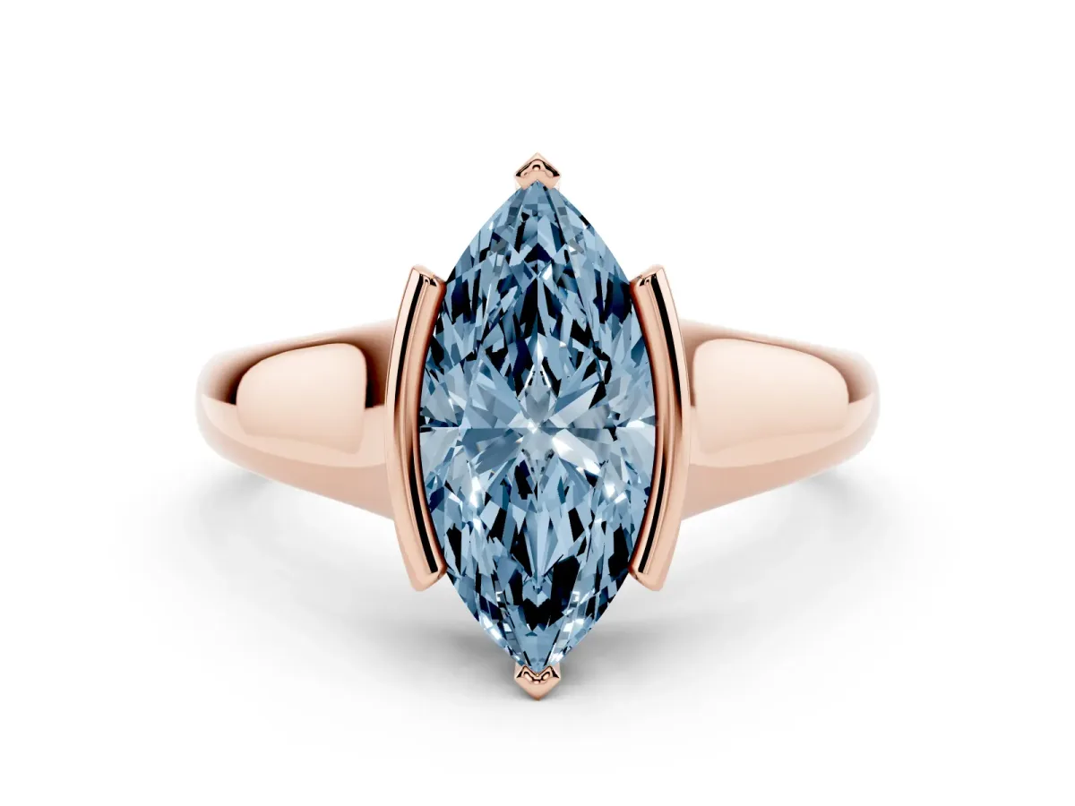 Fancy Blue Marquise Cut Solitaire Tension Set Diamond Ring with Split Shank Band Rose gold