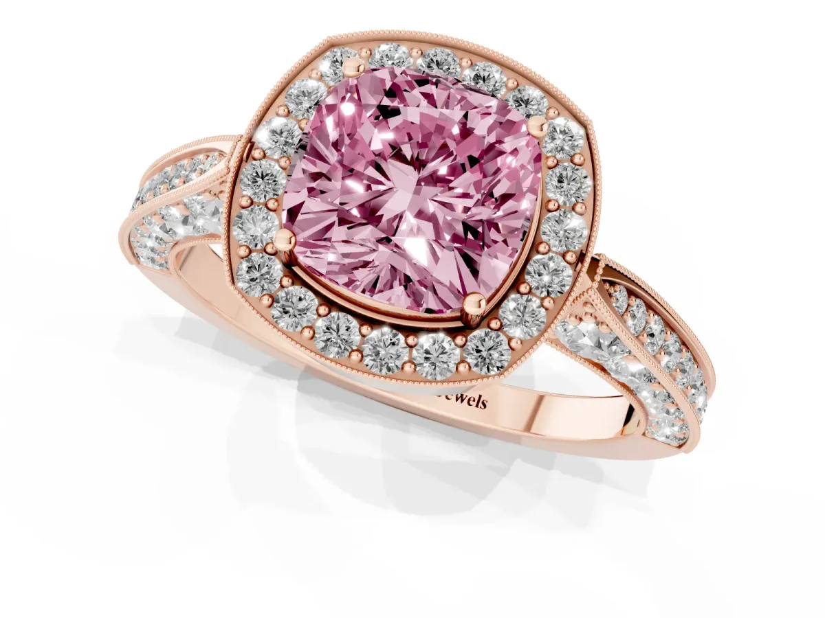 Fancy Pink Cushion Cut Halo Diamond Engagement Ring with Split Shank Band and Four-Prong Setting Rose gold