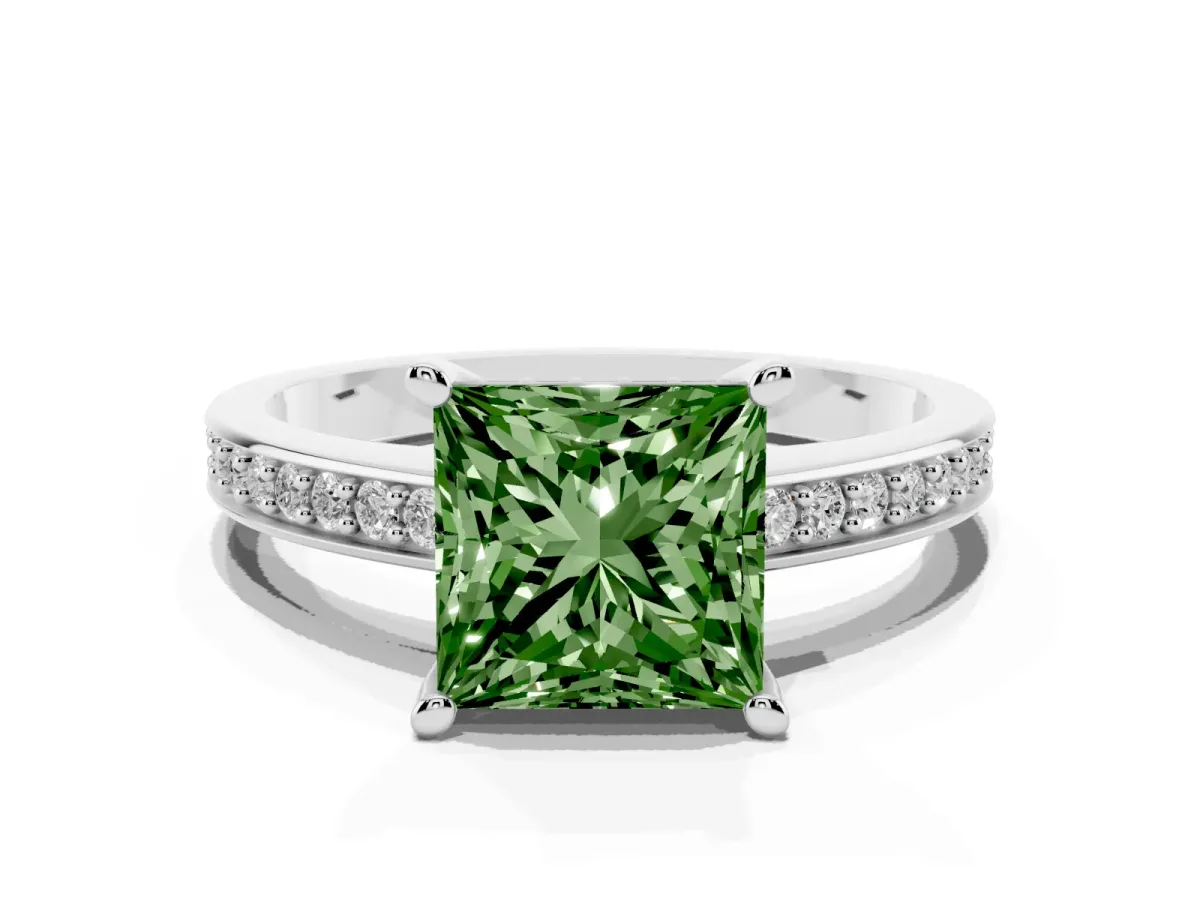 Fancy Green Princess Cut Solitaire Pavé Band Prong Setting Ring Silver