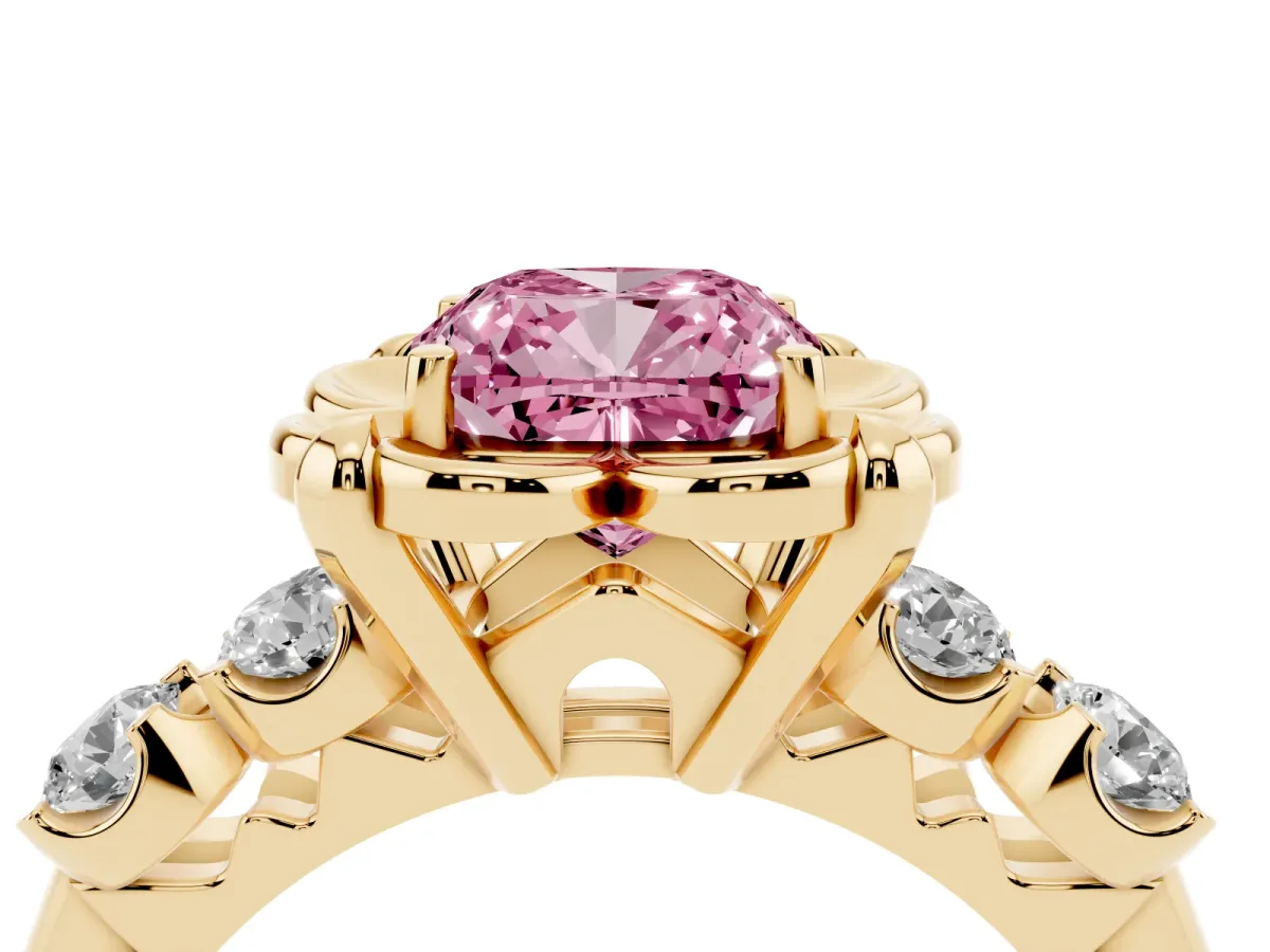 Fancy Pink Cushion Cut Cut Diamond Floral Halo Engagement Ring with Shared Prong Setting Yellow gold