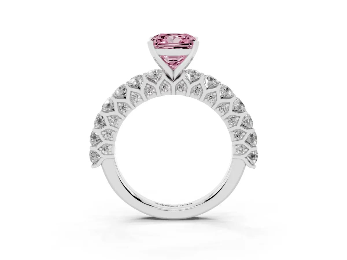 Fancy Pink Princess Cut Diamond Solitaire Ring with Shared Prong Pavé Band and Four-Prong Setting Silver