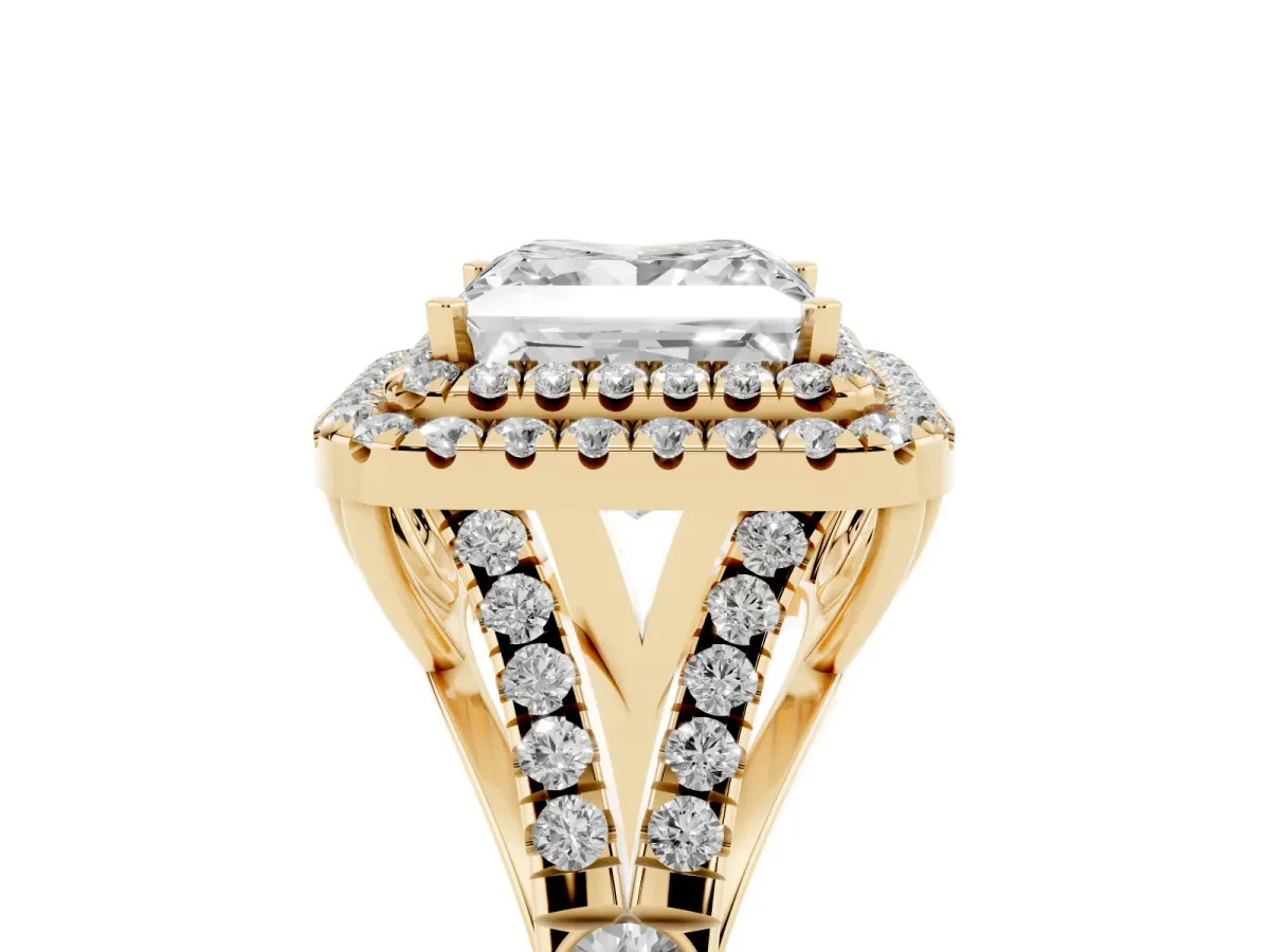 Double Halo Princess Cut Diamond Split Shank Engagement Ring with Four-Prong Setting Yellow gold