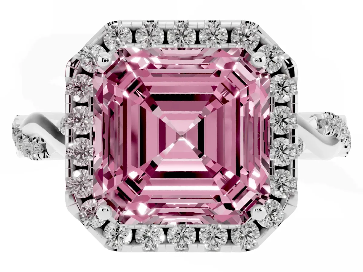 Fancy Pink Asscher Cut Halo Twist Band Solitaire Ring Silver