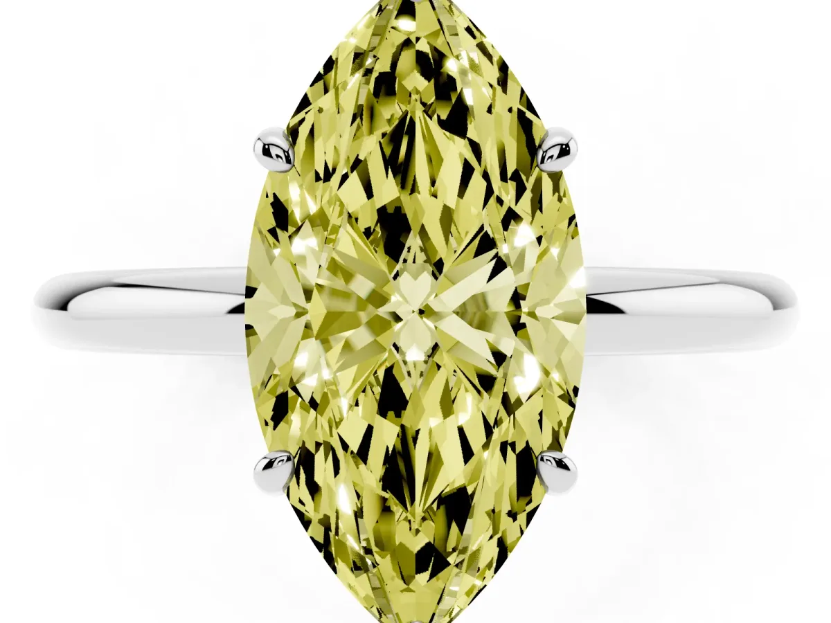 Fancy Yellow Marquise Cut Solitaire Diamond Ring with Four-Prong Setting on a Plain Band Platinum