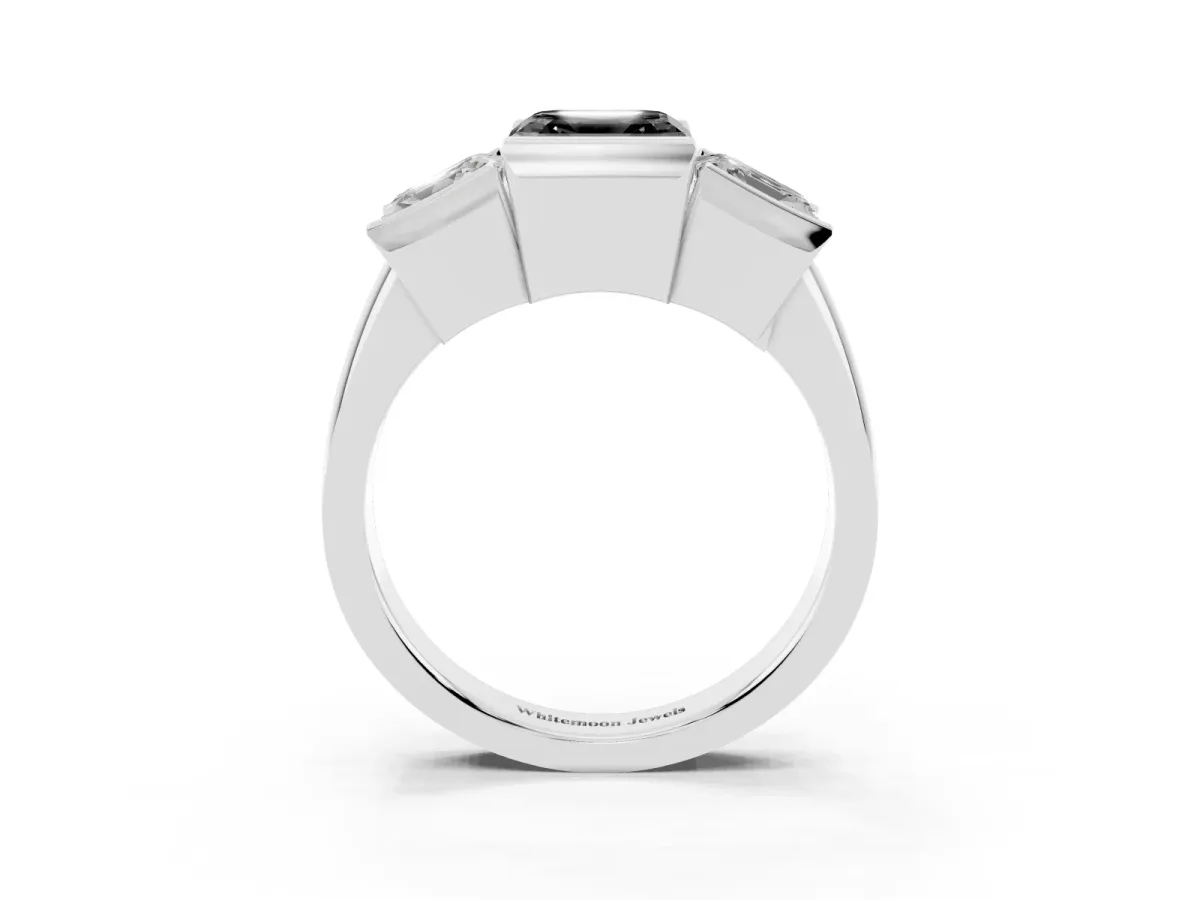 Fancy Black Three Stone Asscher Cut Cut Channel Set Diamond Ring Silver
