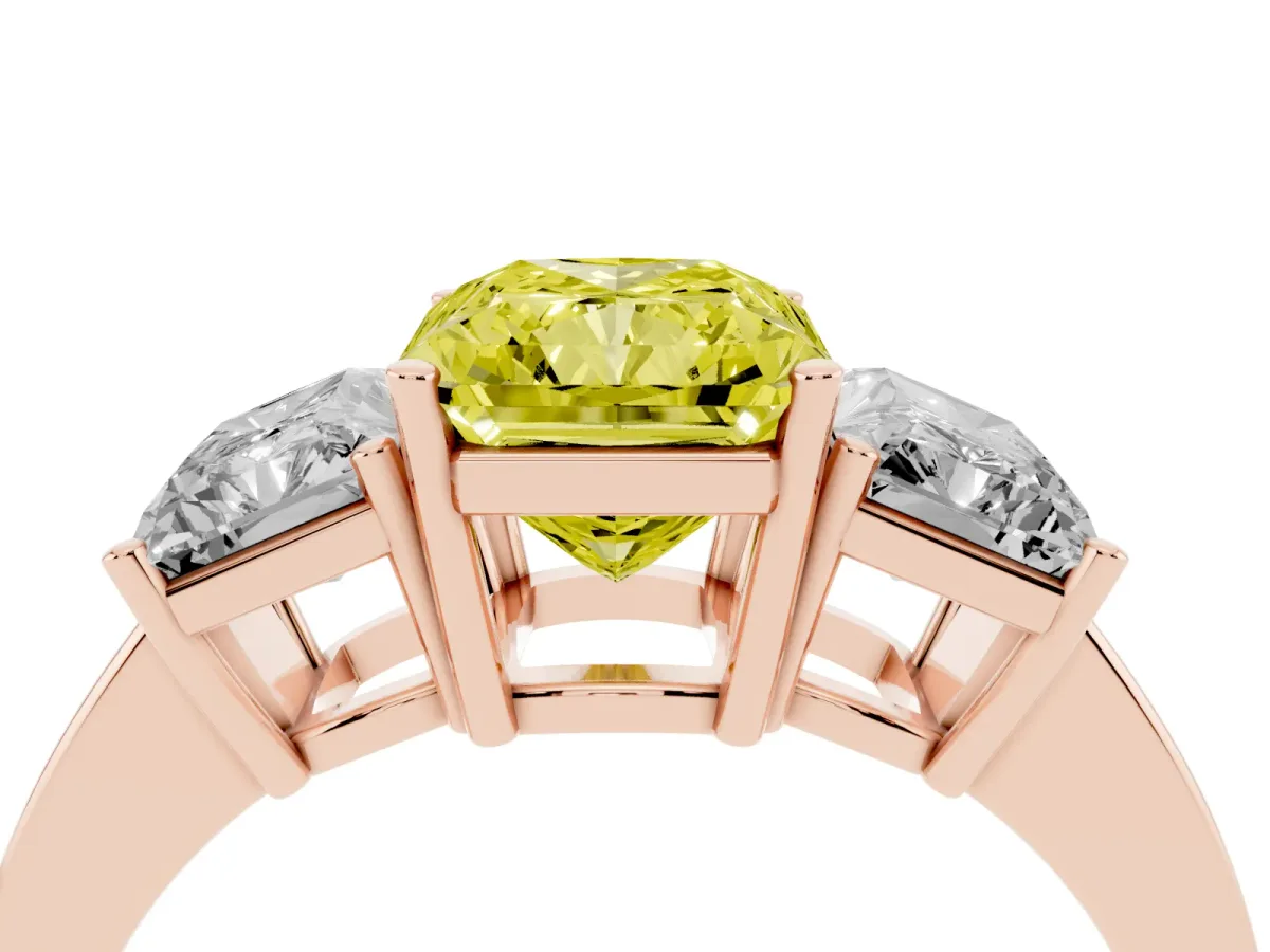 Fancy Yellow Three-Stone Radiant Cut Cut Diamond Engagement Ring with Flat Band and Four-Prong Setting Rose gold