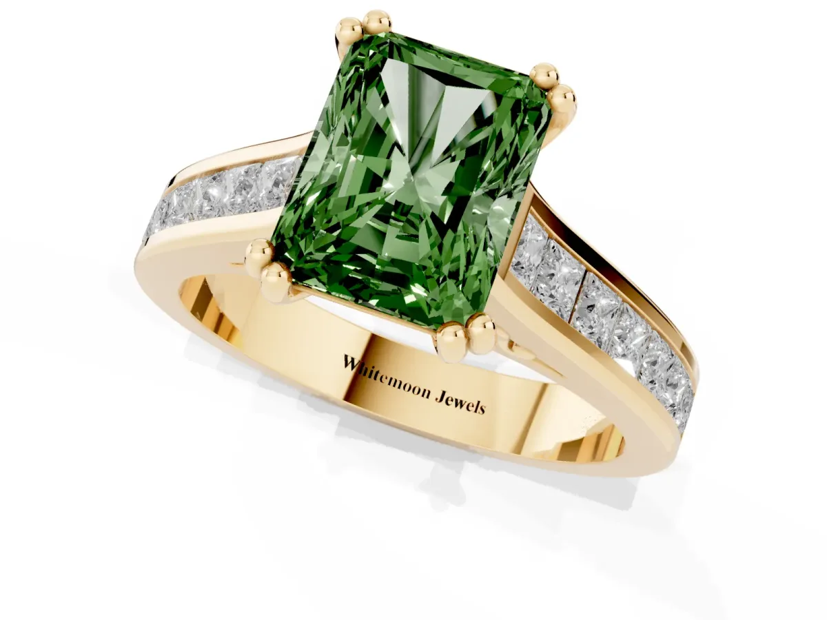 Fancy Green Radiant Cut Cut Channel Set Solitaire Engagement Ring with Prong Setting Yellow gold