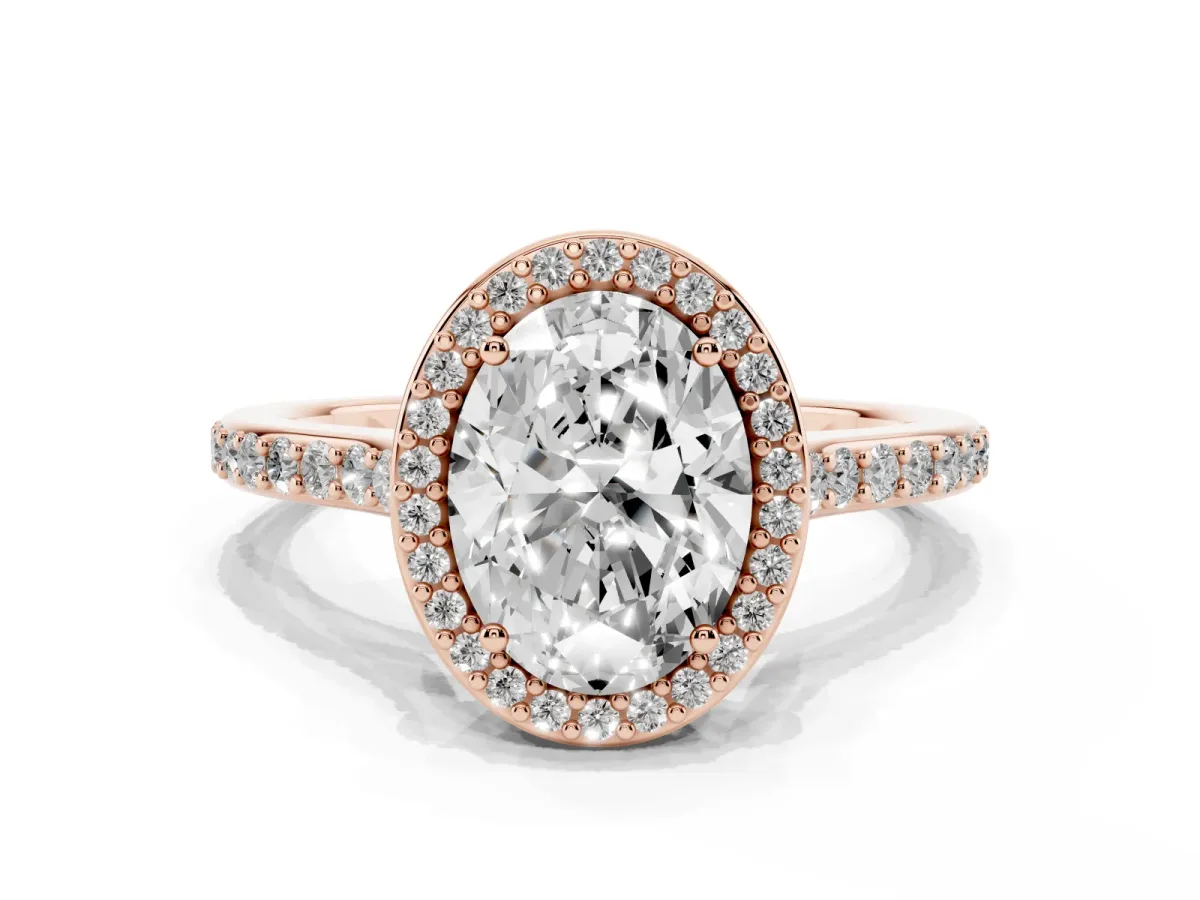 Oval Cut Diamond Halo Engagement Ring with Round Pavé Shoulders and Prong Setting Rose gold