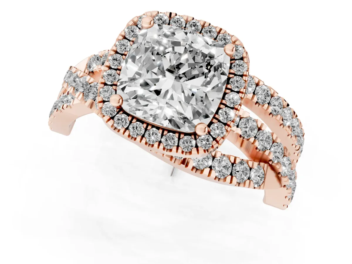 Cushion Cut Diamond Halo Ring with Round Split Shank and Prong Setting Rose gold