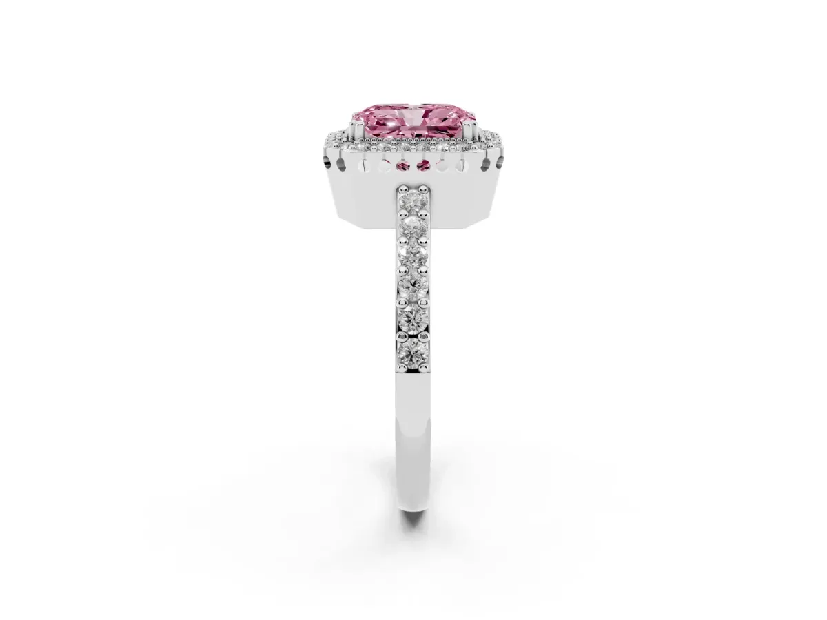 Fancy Pink Radiant Cut Cut Diamond Halo Engagement Ring with Milgrain Detail and Pavé Band Silver