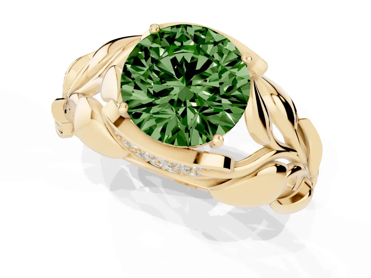Fancy Green Round Cut Diamond Leaf-Inspired Engagement Ring with Round Accents and Prong Setting Yellow gold
