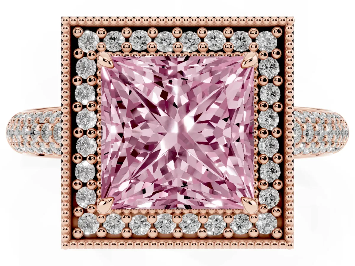 Fancy Pink Princess Cut Cut Halo Diamond Pave Band with Four-Prong Setting Rose gold