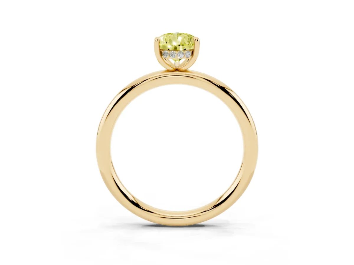 Fancy Yellow Pear Cut Diamond Solitaire Ring with Thin Band and Four-Prong Setting Yellow gold