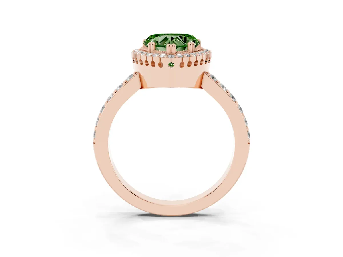 Fancy Green Heart Cut Cut Diamond Halo Engagement Ring with Milgrain Detail and Pavé Band Rose gold