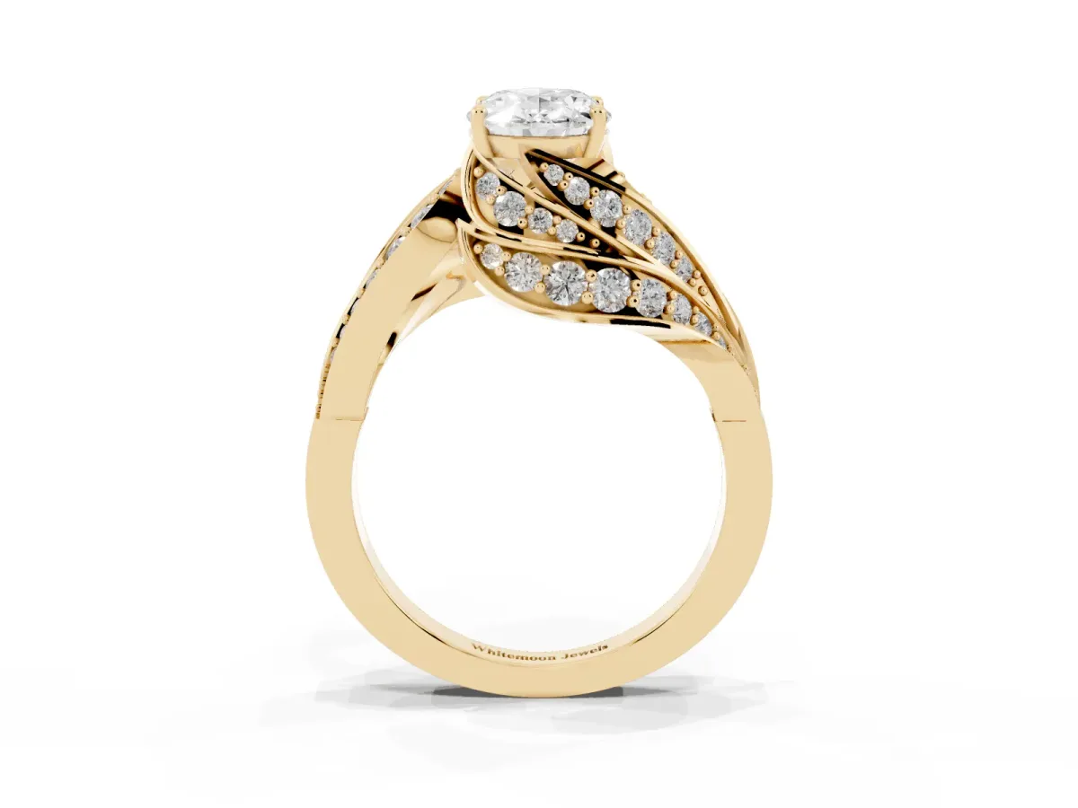 Oval Cut Diamond Solitaire Ring with Prong Setting and Twisted Pavé Band Yellow gold