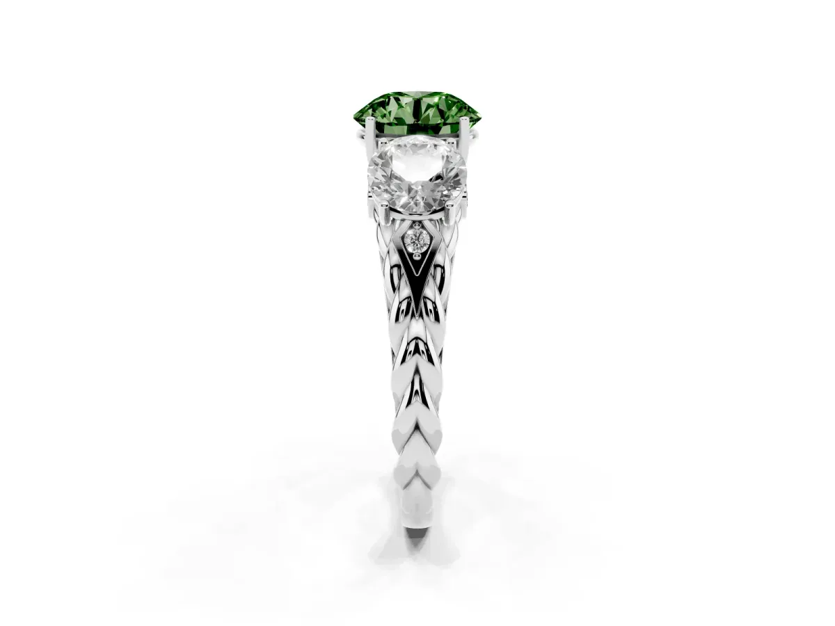 Fancy Green Three-Stone Round Cut Diamond Braided Band Ring with Four-Prong Setting Platinum