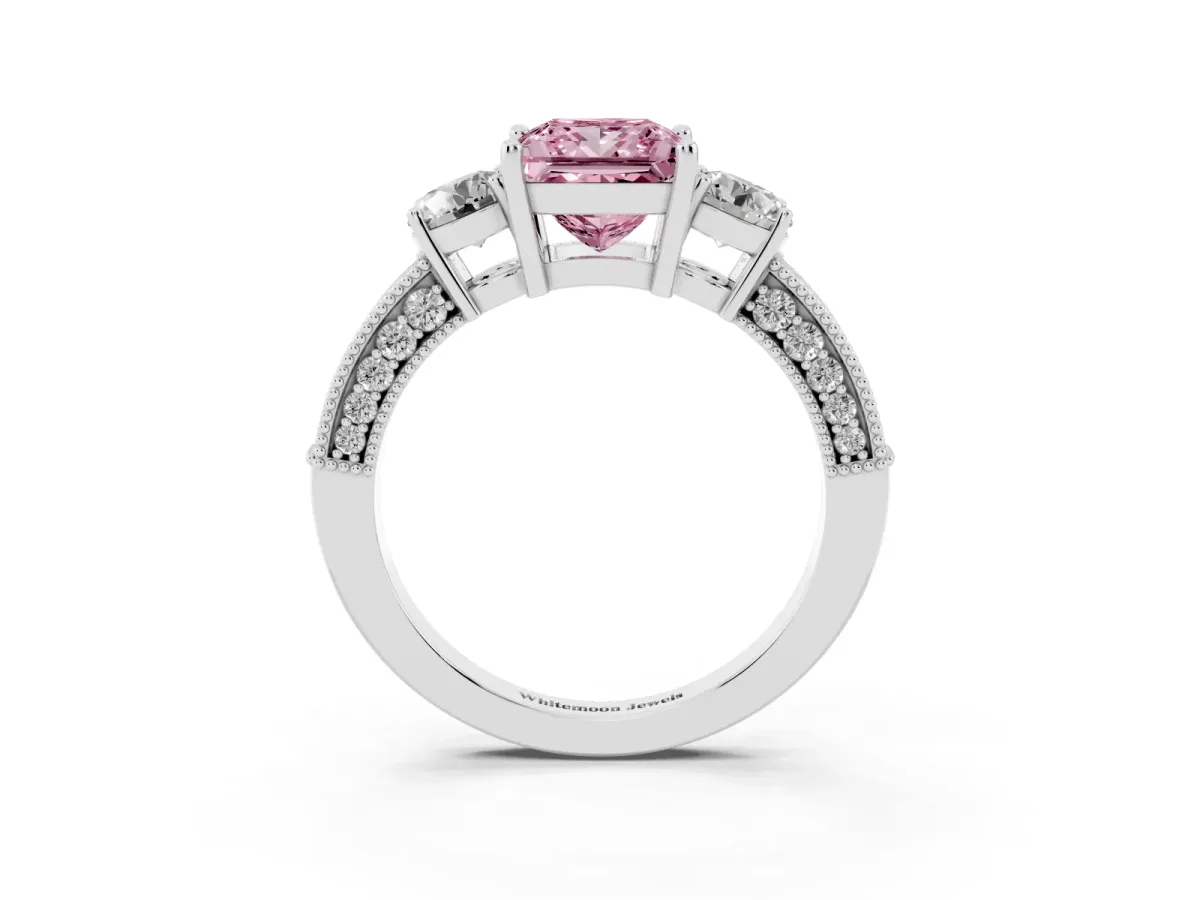 Fancy Pink Princess Cut Three-Stone Diamond Ring with Pavé Band and Four-Prong Setting Silver