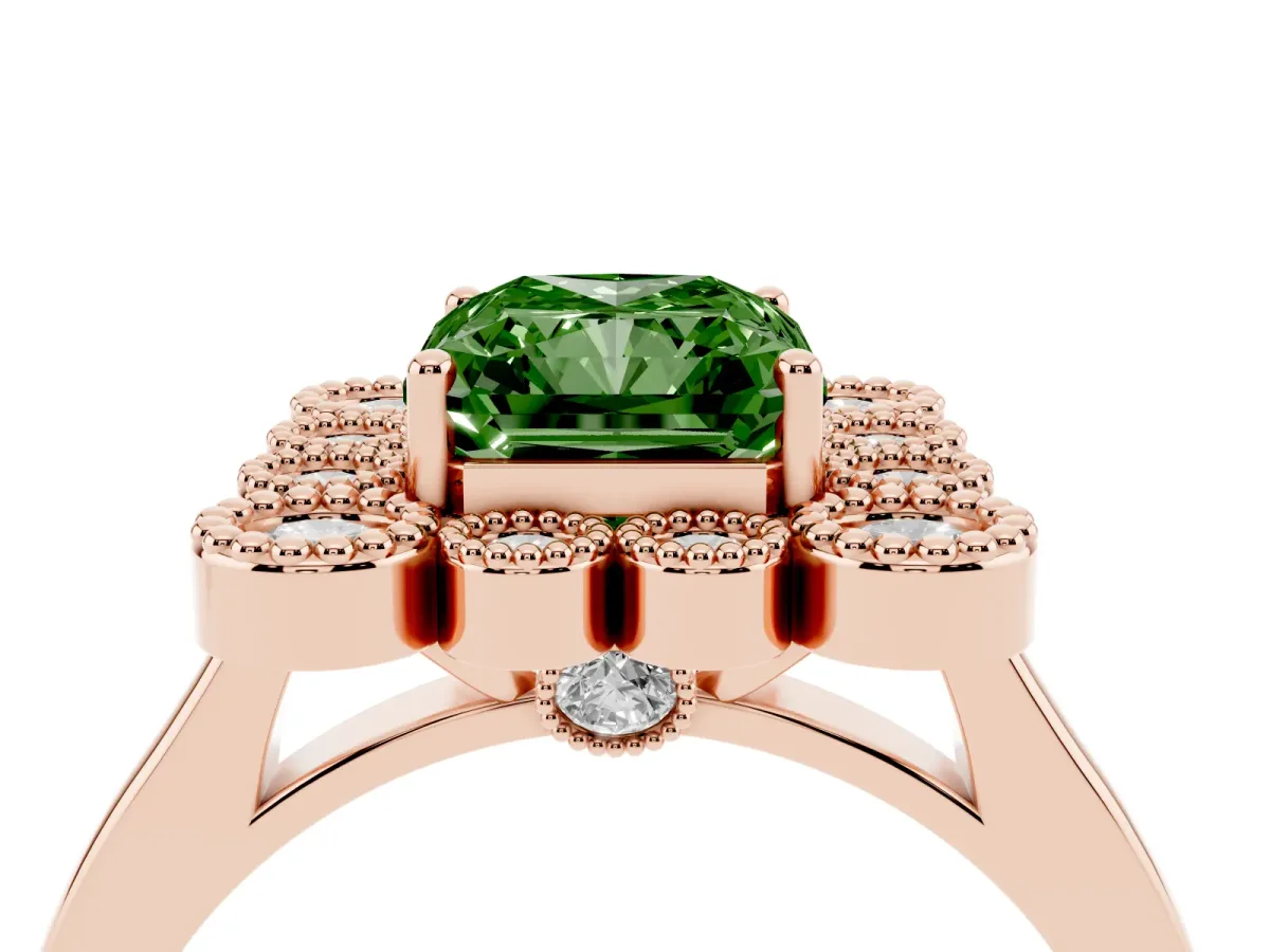 Fancy Green Radiant Cut Halo Diamond Cluster Engagement Ring with Milgrain Bezel Setting and Solitaire Band Rose gold