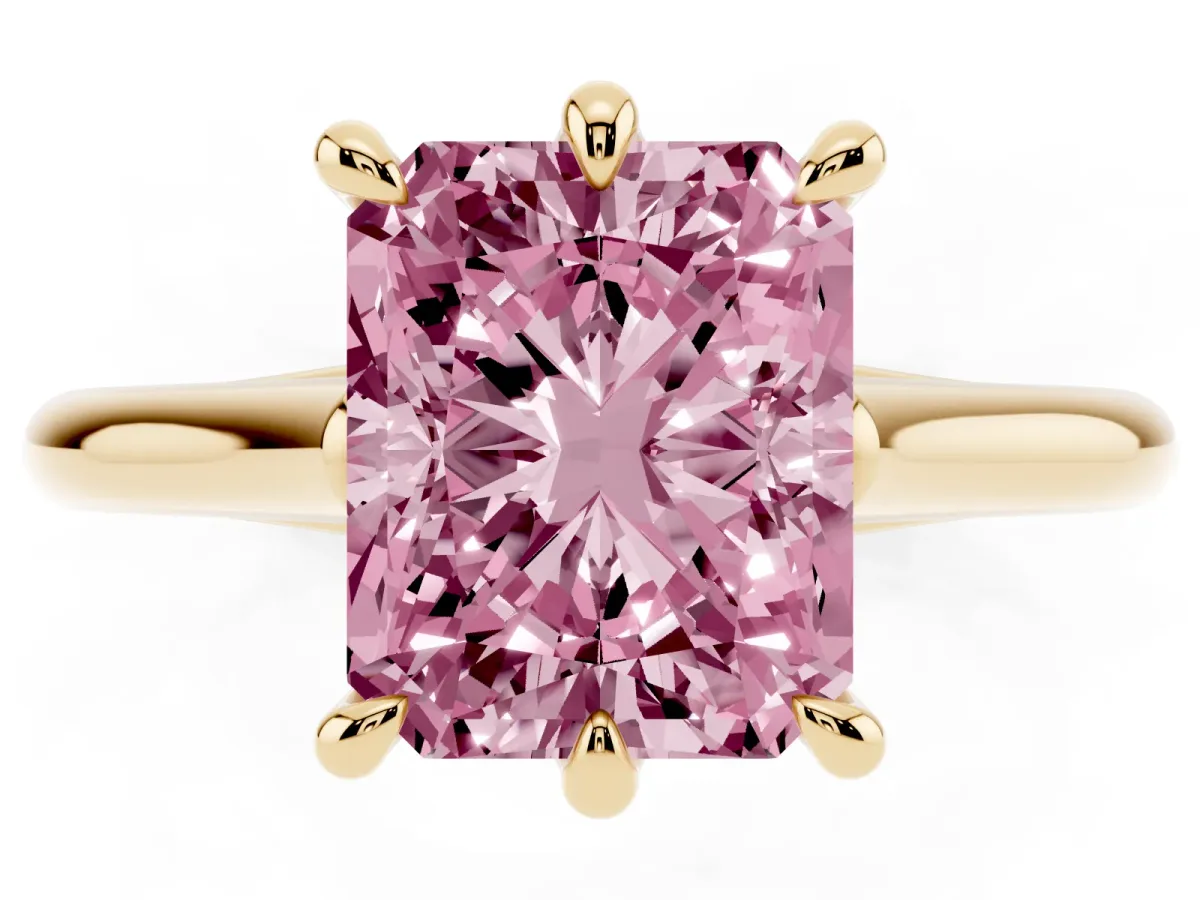 Fancy Pink Radiant Cut Solitaire Engagement Ring with Six-Prong Setting and Classic Band Yellow gold