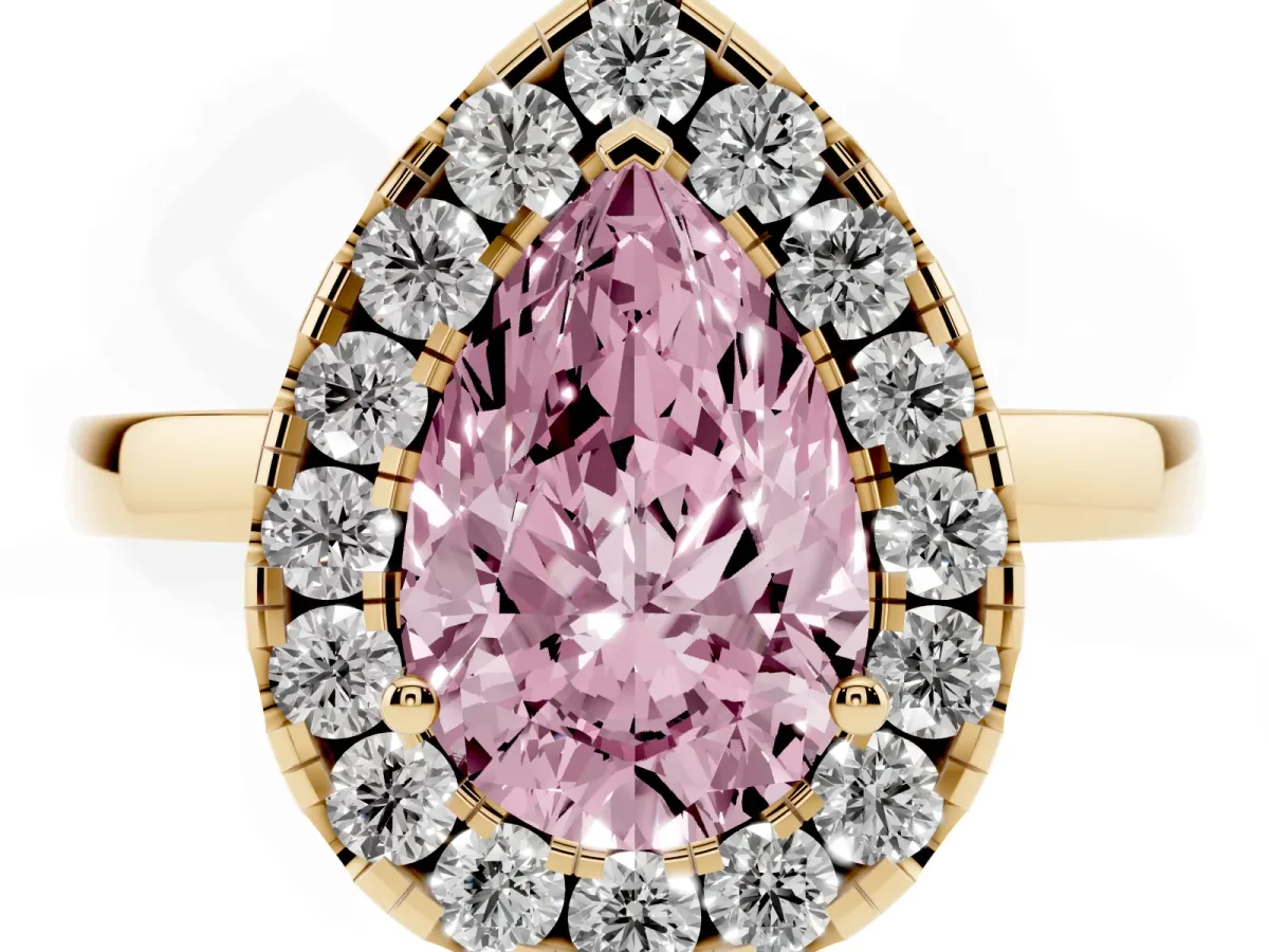 Fancy Pink Pear Cut Halo Diamond Solitaire with Pavé Band and Four-Prong Setting Yellow gold