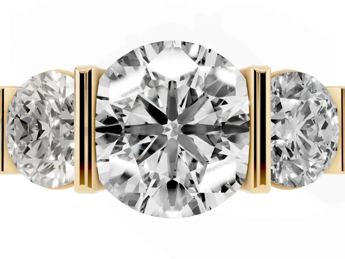 Three-Stone Round Cut Brilliant Diamond Ring with Channel Setting and White Gold Band Yellow gold