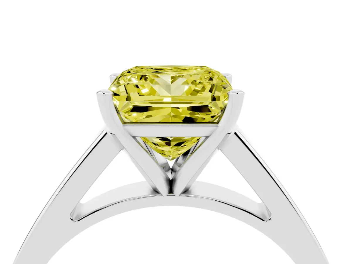 Fancy Yellow Princess Cut Solitaire Engagement Ring with Four-Prong Setting and Tapered Band Platinum