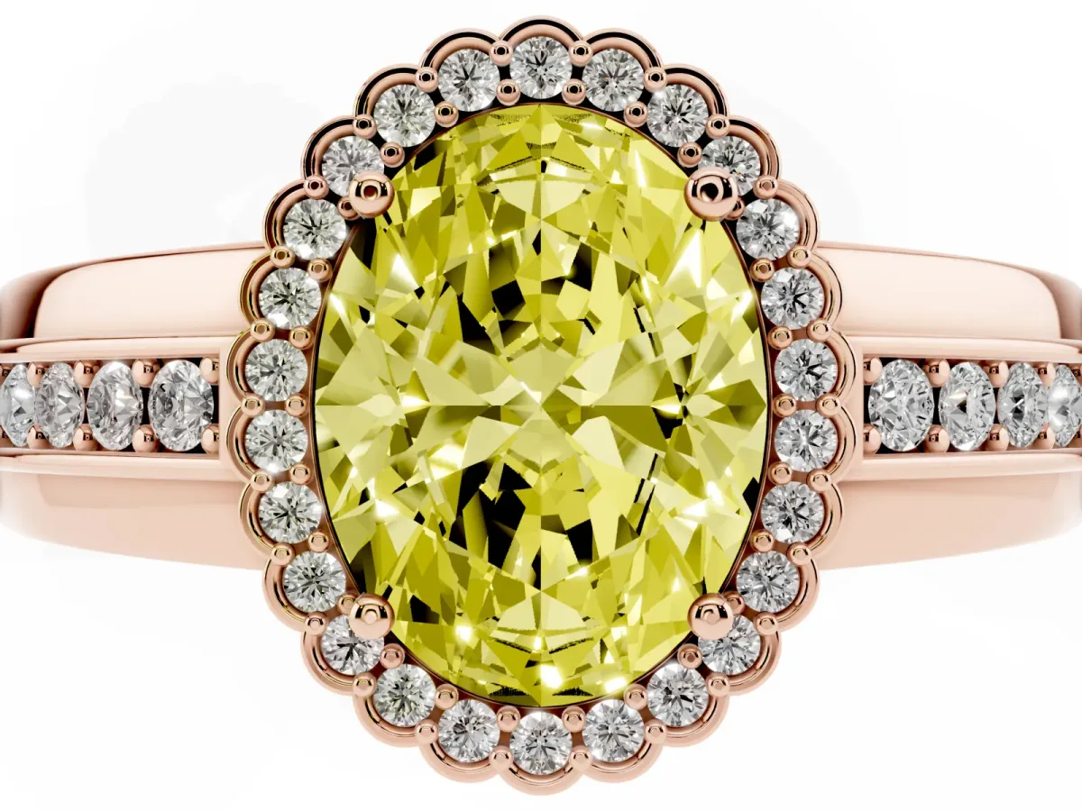 Fancy Yellow Oval Cut Cut Halo Pave Band Four-Prong Ring Rose gold