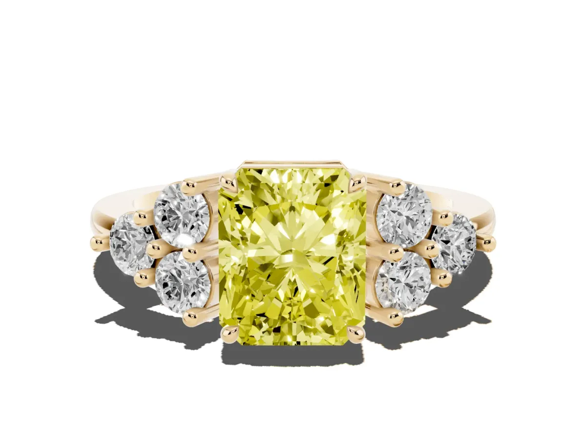 Fancy Yellow Radiant Cut Brilliant Diamond Cluster Accent Solitaire Ring with Prong Setting Yellow gold