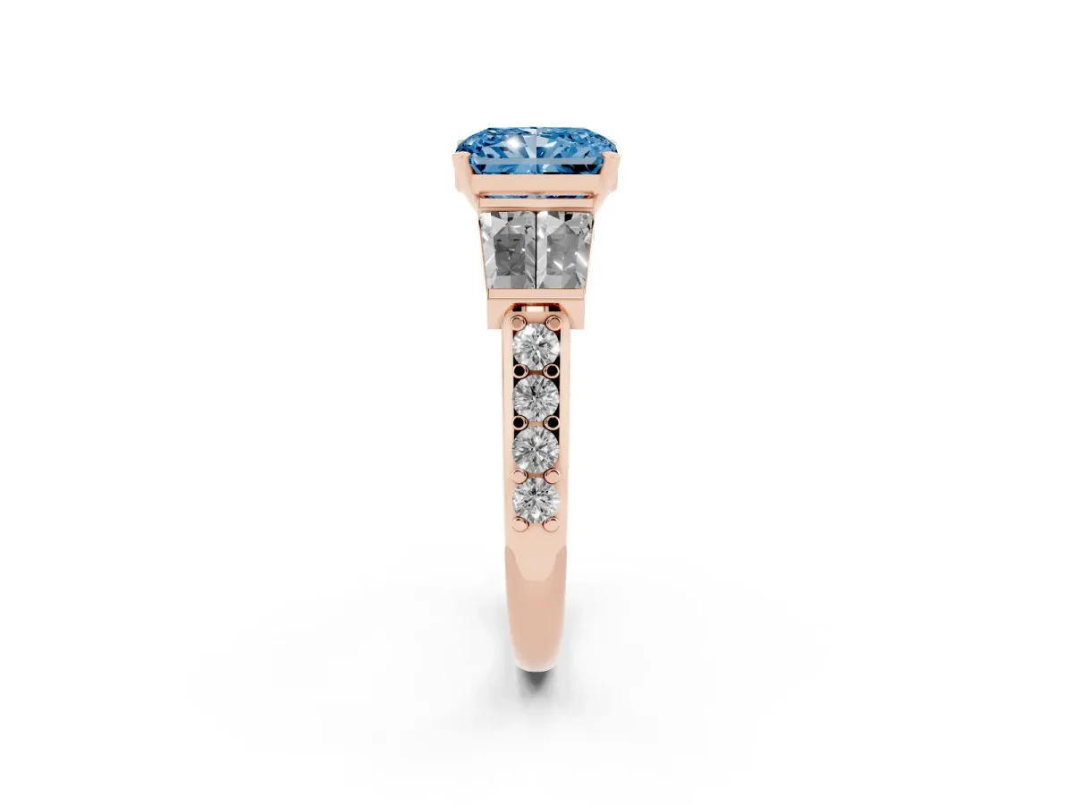 Fancy Blue Radiant Cut Diamond Engagement Ring with Baguette Side Stones and Channel Set Band Rose gold