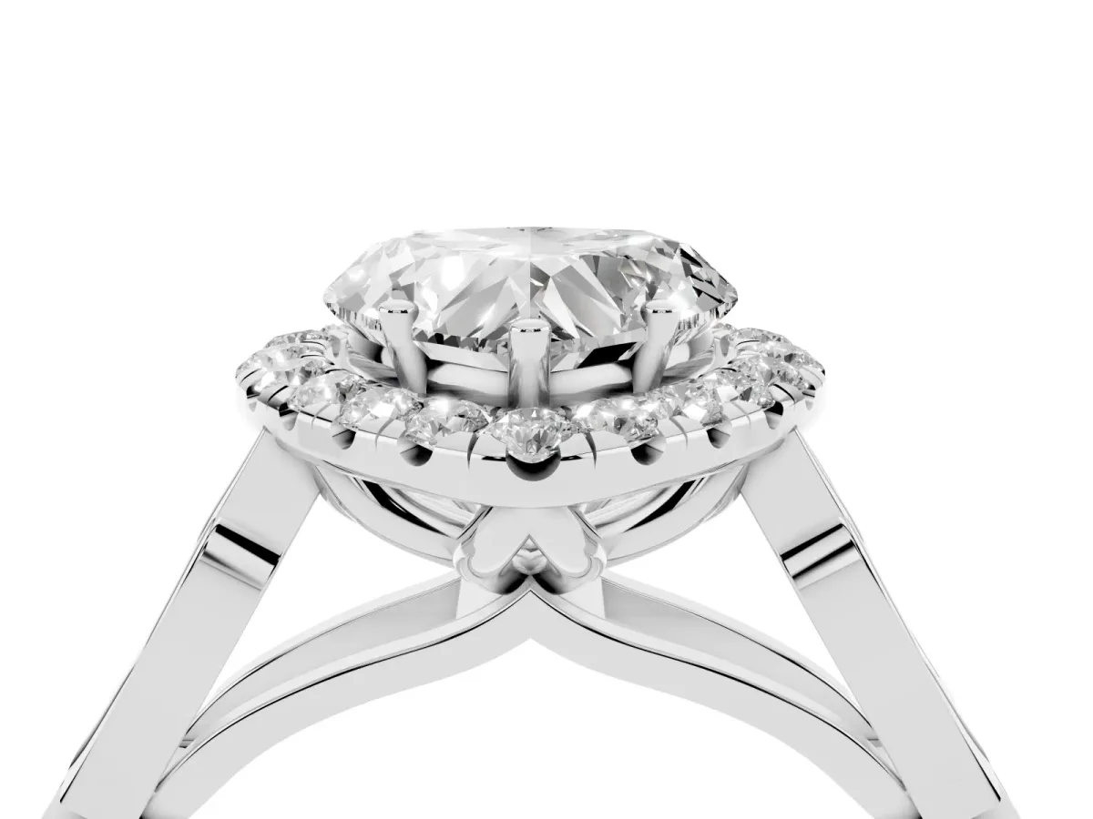 Heart Cut Halo Diamond Engagement Ring with Filigree Band and Four-Prong Setting Silver