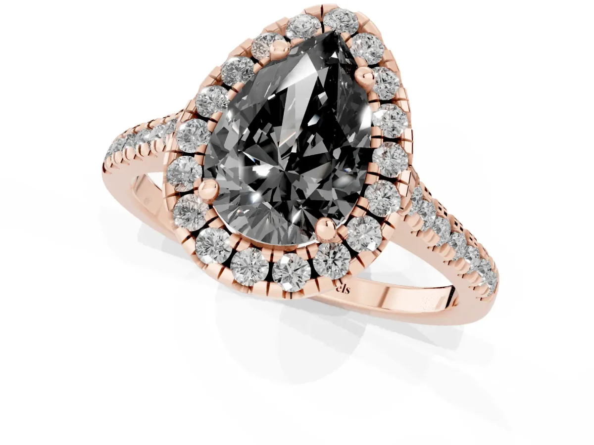 Fancy Black Pear Cut Diamond Cushion Halo Ring with Pavé Band Rose gold