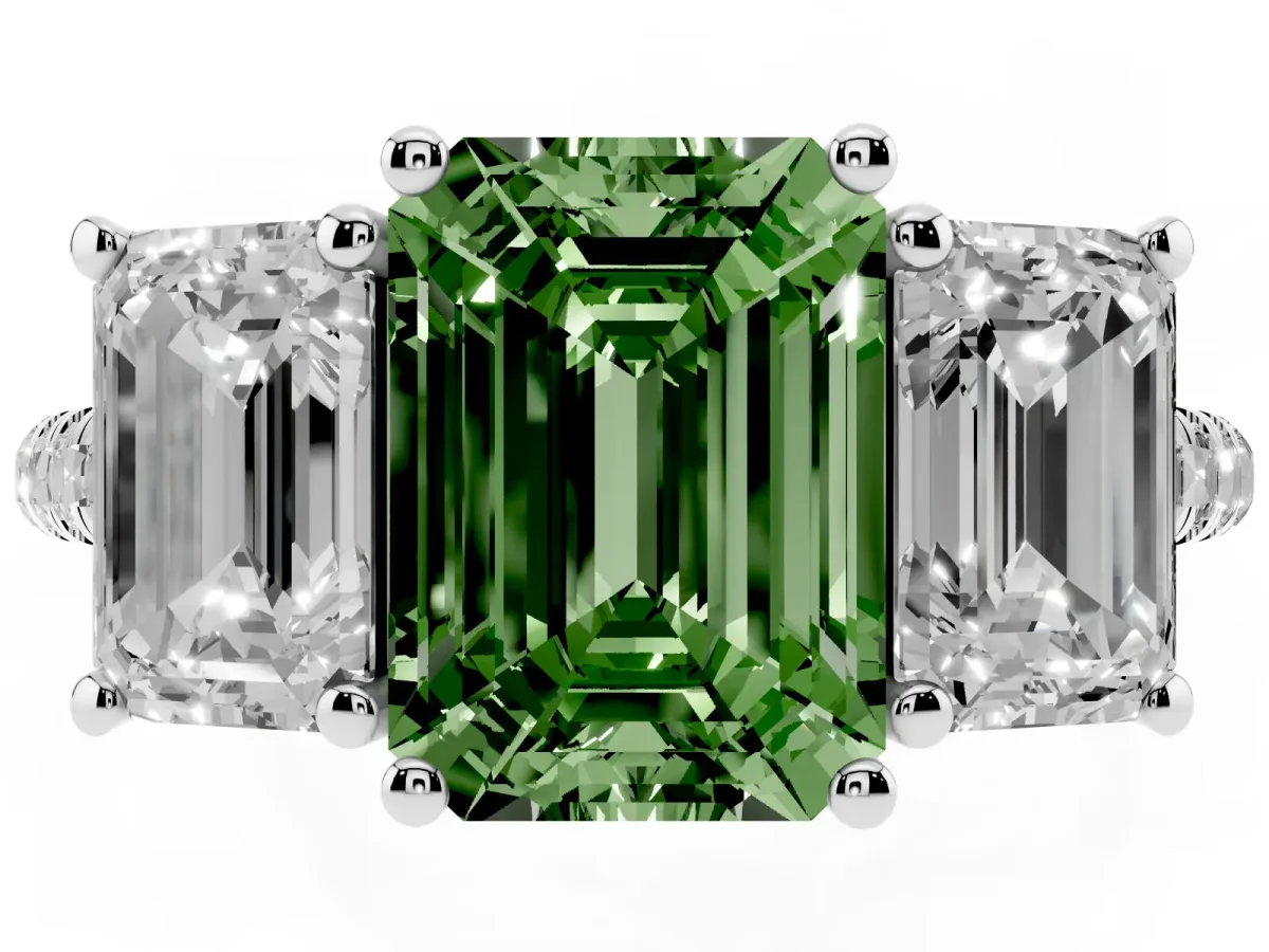 Fancy Green Three-Stone Emerald Cut Diamond Ring with Round Pavé Band and Prong Setting Silver