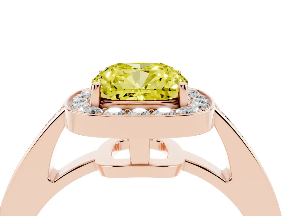 Fancy Yellow Cushion Cut Halo Pavé Diamond Engagement Ring with Bezel Setting Rose gold