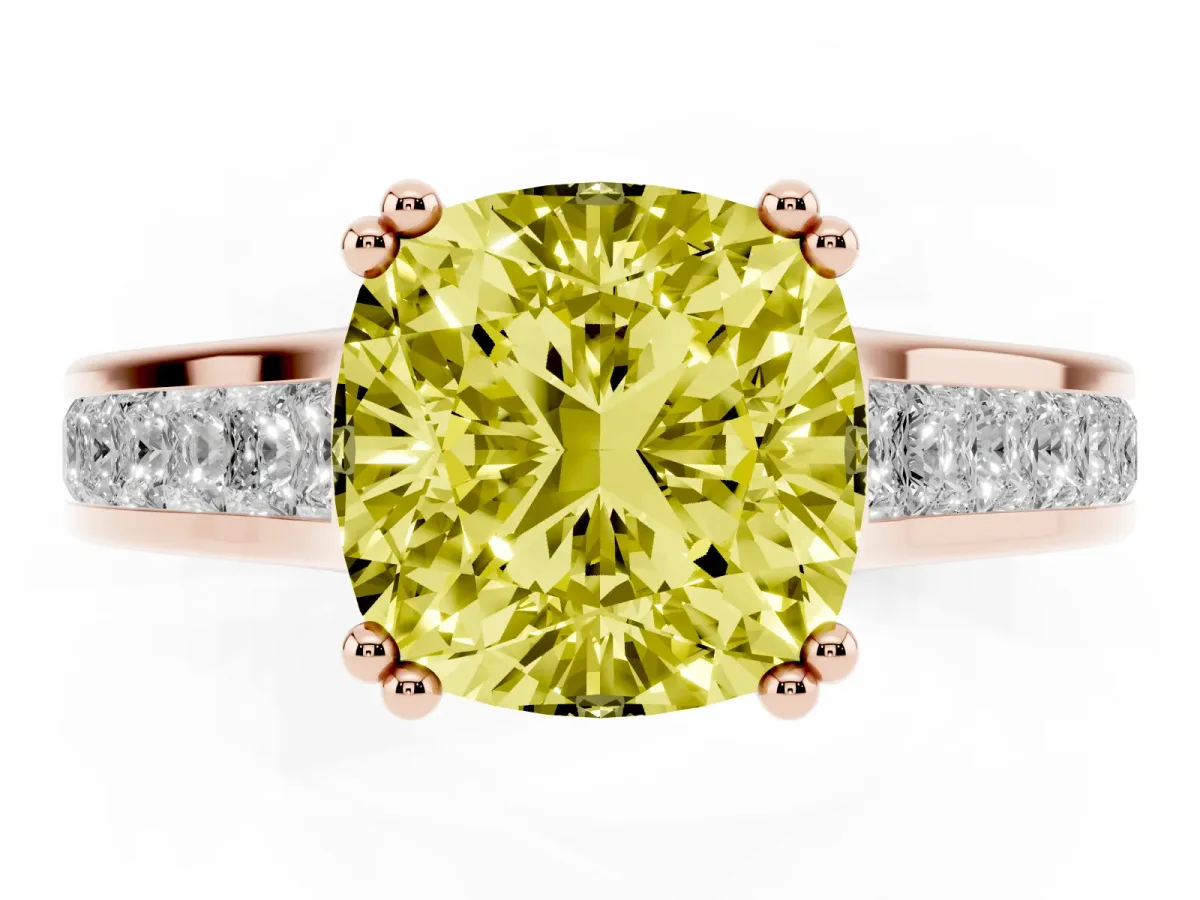 Fancy Yellow Cushion Cut Cut Channel Set Solitaire Engagement Ring with Prong Setting Rose gold