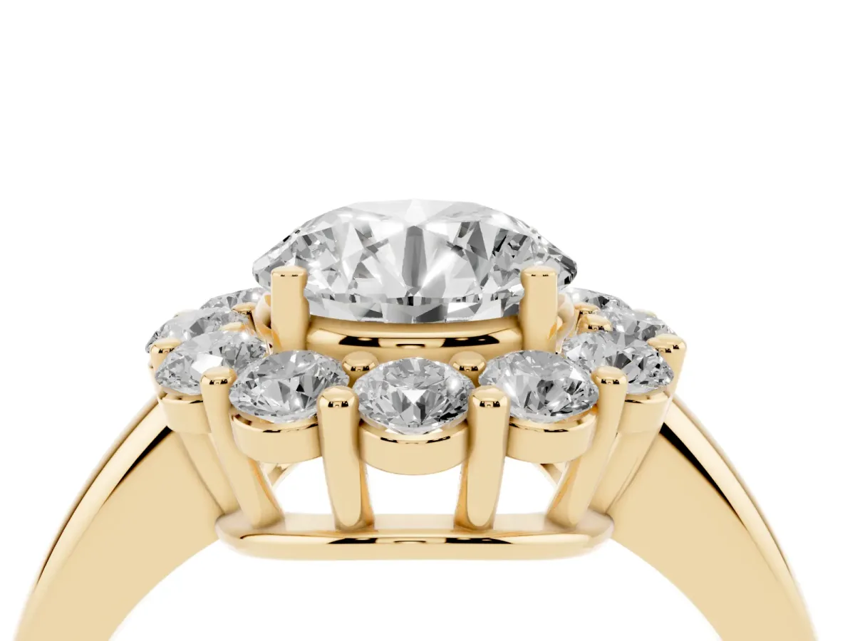 Round Cut Halo Cluster Diamond Engagement Ring with Prong Setting and Polished Band Yellow gold