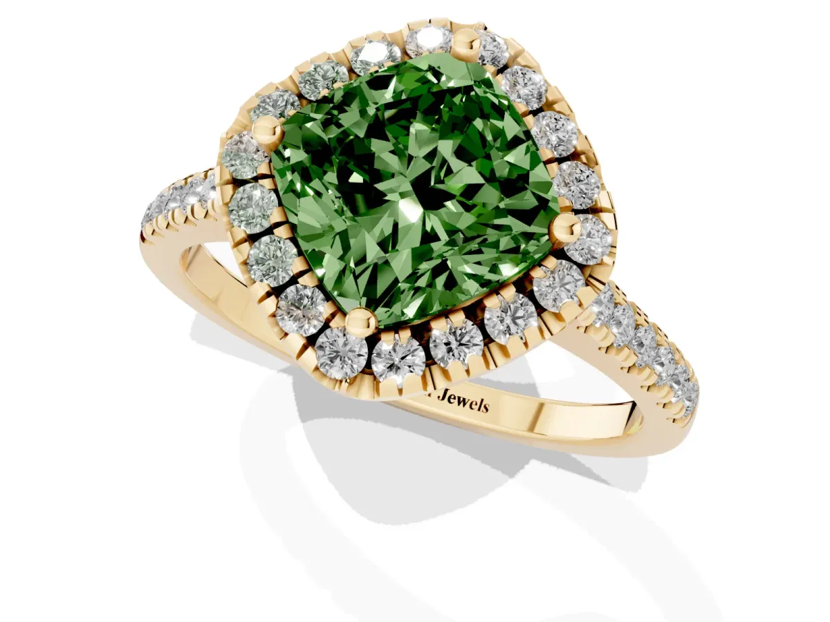 Fancy Green Cushion Cut Diamond Cushion Halo Ring with Pavé Band Yellow gold
