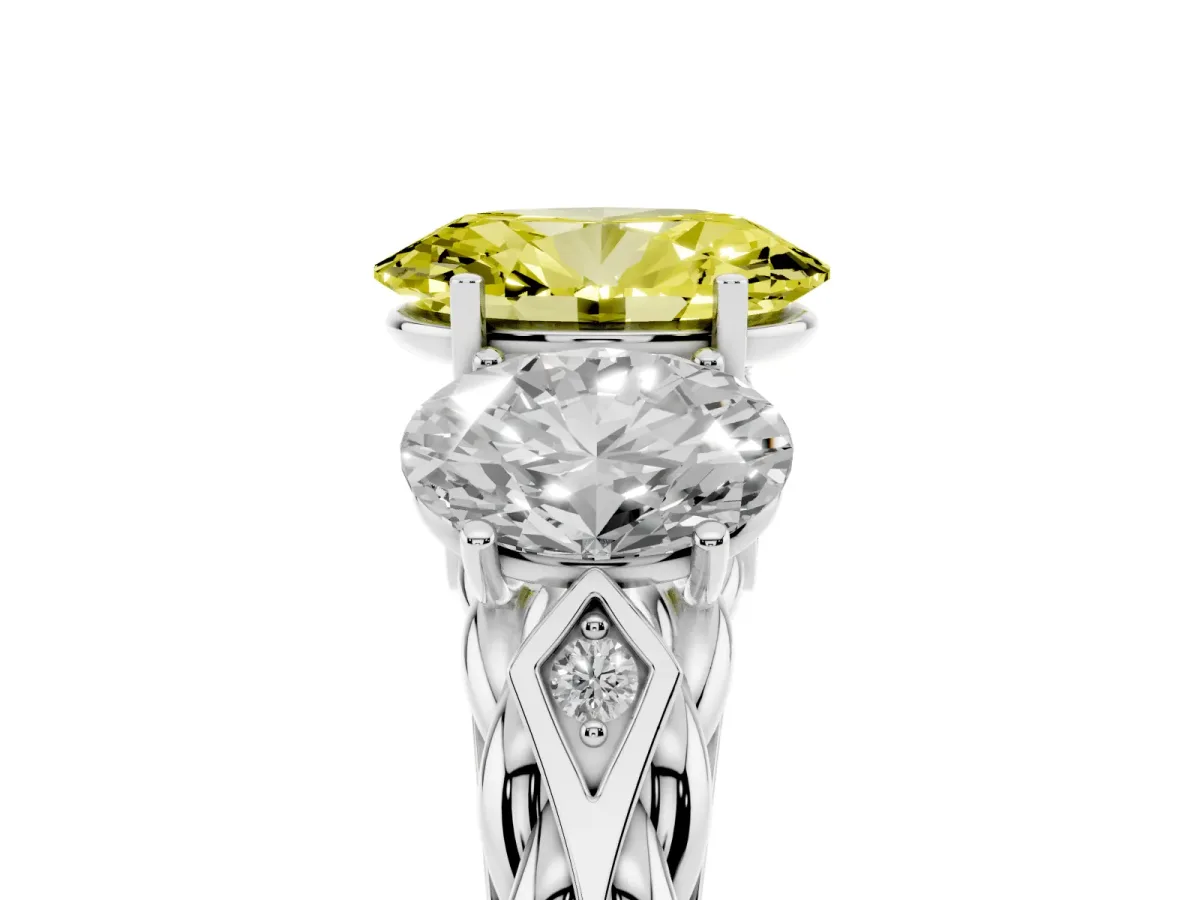 Fancy Yellow Three-Stone Oval Cut Diamond Braided Band Ring with Four-Prong Setting Silver