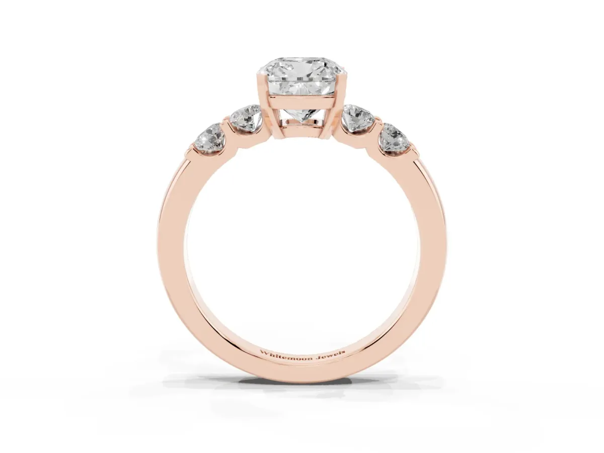 Cushion Cut Brilliant Cut Diamond Five-Stone Prong Set Engagement Ring with Channel Band Rose gold